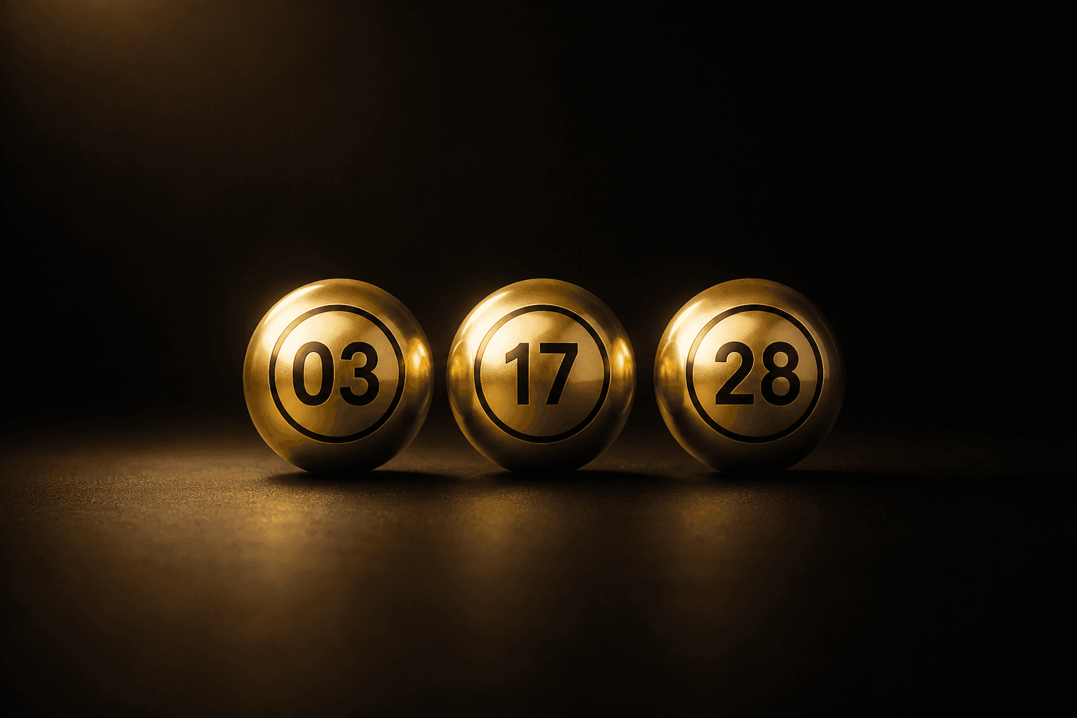 Golden lotto ticket with marked numbers, yellow lottery balls, and stacks of gold coins on a dark background